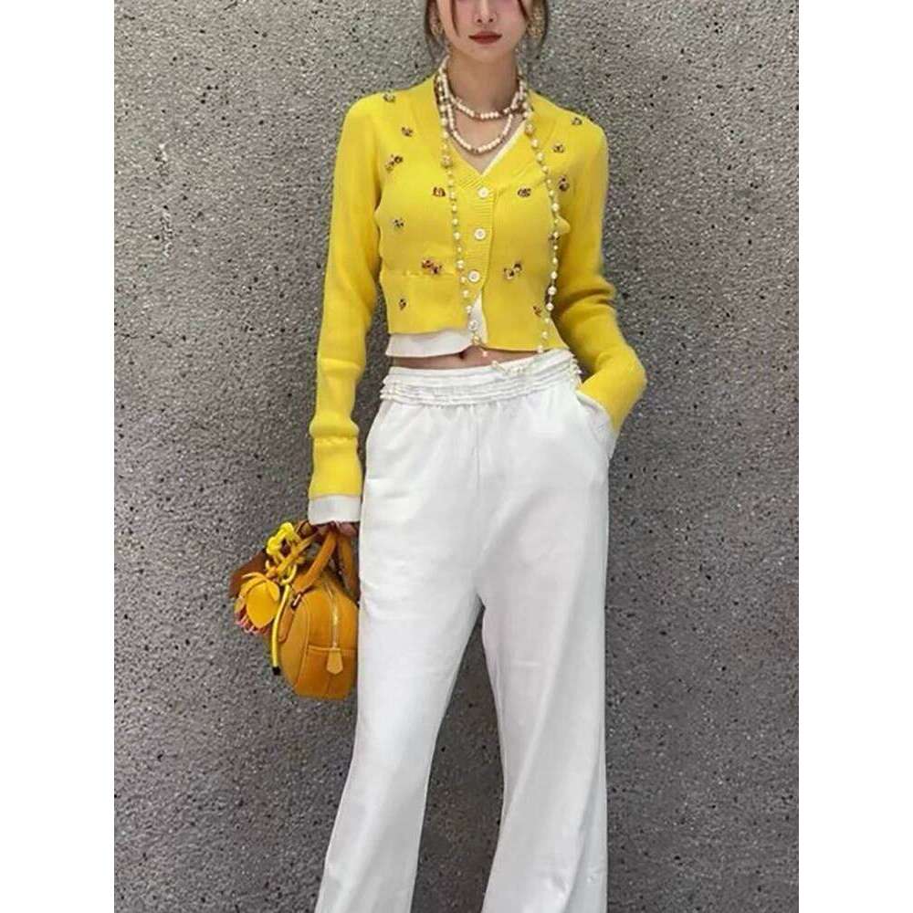 Autumn Winter Beading Cardigan Sweaters For Women V Neck Knitting Tops Loose Sleeve Knitwears Jersey Mujer Yellow 2025 New C-028