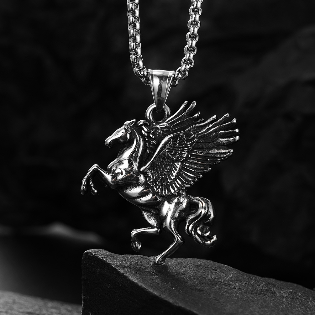 Pegasus Pendant Necklace Antiqued Titanium Steel Greek Mythology Jewelry