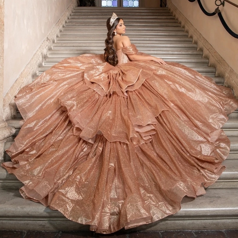 Champagne Gold Glitter Quinceanera Dresses Ball Gown Shiny Beaded Bow Tiered Sweet 16 Dress Vestido De 15 Anos