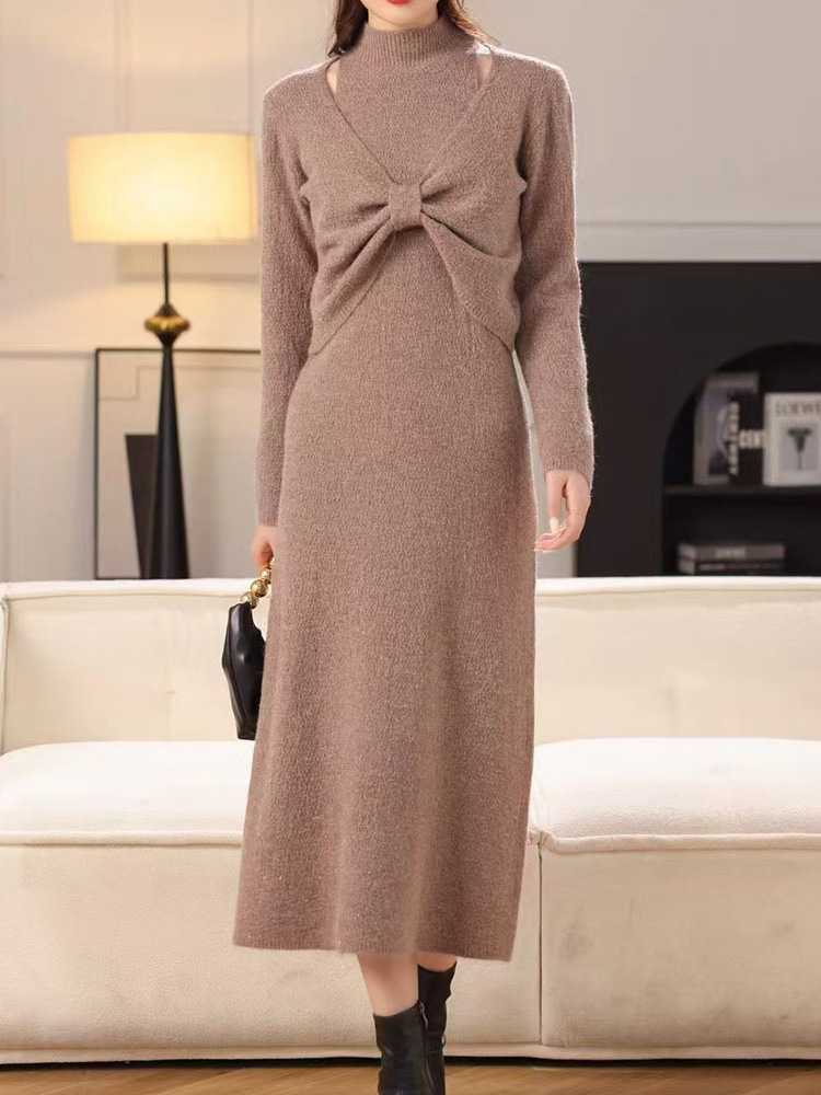 T625New Half Turtleneck Bowknot Bottom Vest Dress Knitwear Two-piece Set