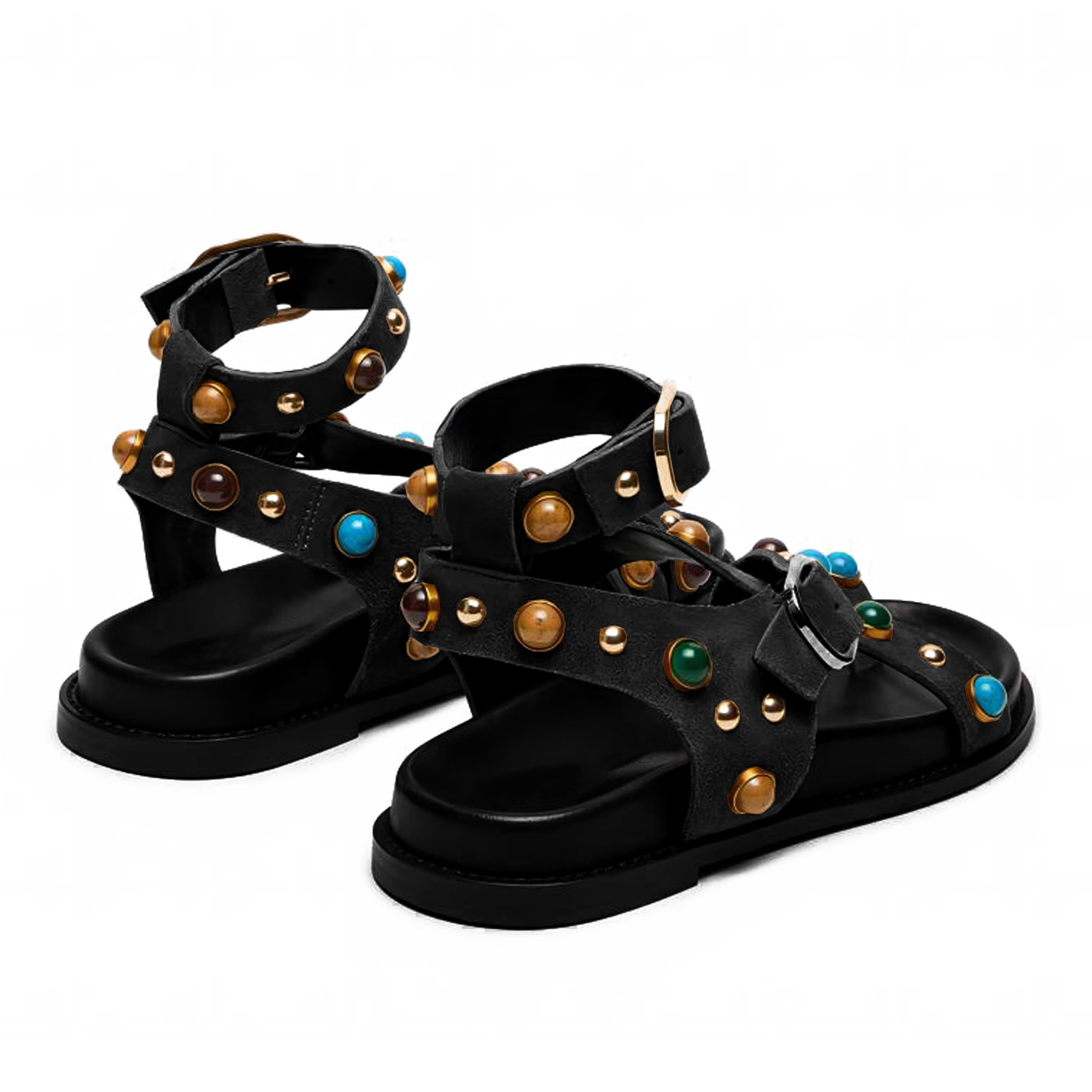 ARQA Summer Flat Sandals for Women Beaded Studded Strappy Boho Sandals Casual Beach Shoes Comfy Walking Party Dress Flip Flops Shoes