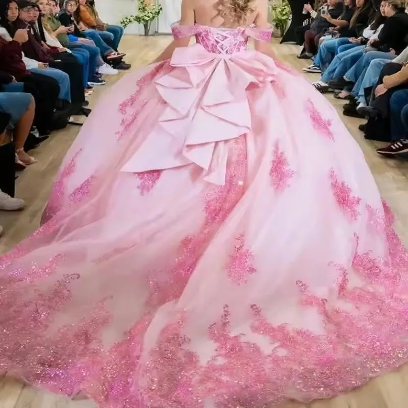 Pink Shiny Princess Ball Gown Quinceanera Dresses Vestidos De 15 Anos XV Appliques Lace Beading Formal Birthday Party Sweet 16 Dress