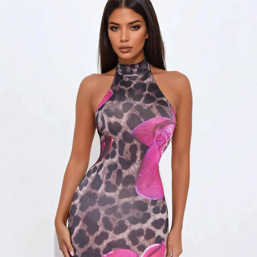 Summer New Sexy Hot Girl Halter Neck Tie Waist Leopard Print Slip Dress B5