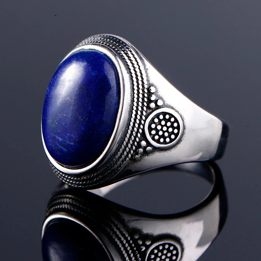 Silver S925 Ring Natural Big Oval Lapis Rings for Men Women Retro Fine Jewelry Party Anniversary Gift 250624