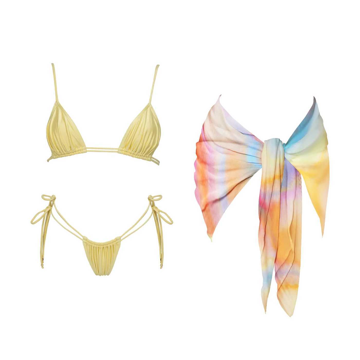 3Pcs Mirco Bikini 2025 Sexy Swimsuit Women Push Up Swimwear Bandeau Biquini Female Pink Bodysuit Bathing Suits Sarong Mini SkirtXJ250624