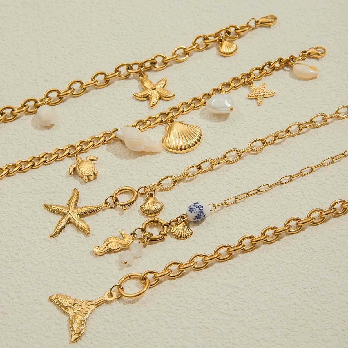 Zora Wens Trendy Holiday Style Conch Pendant Bracelet 18K Gold-plated Stainless Steel Chain Waterproof Jewelry for Vacation X250625