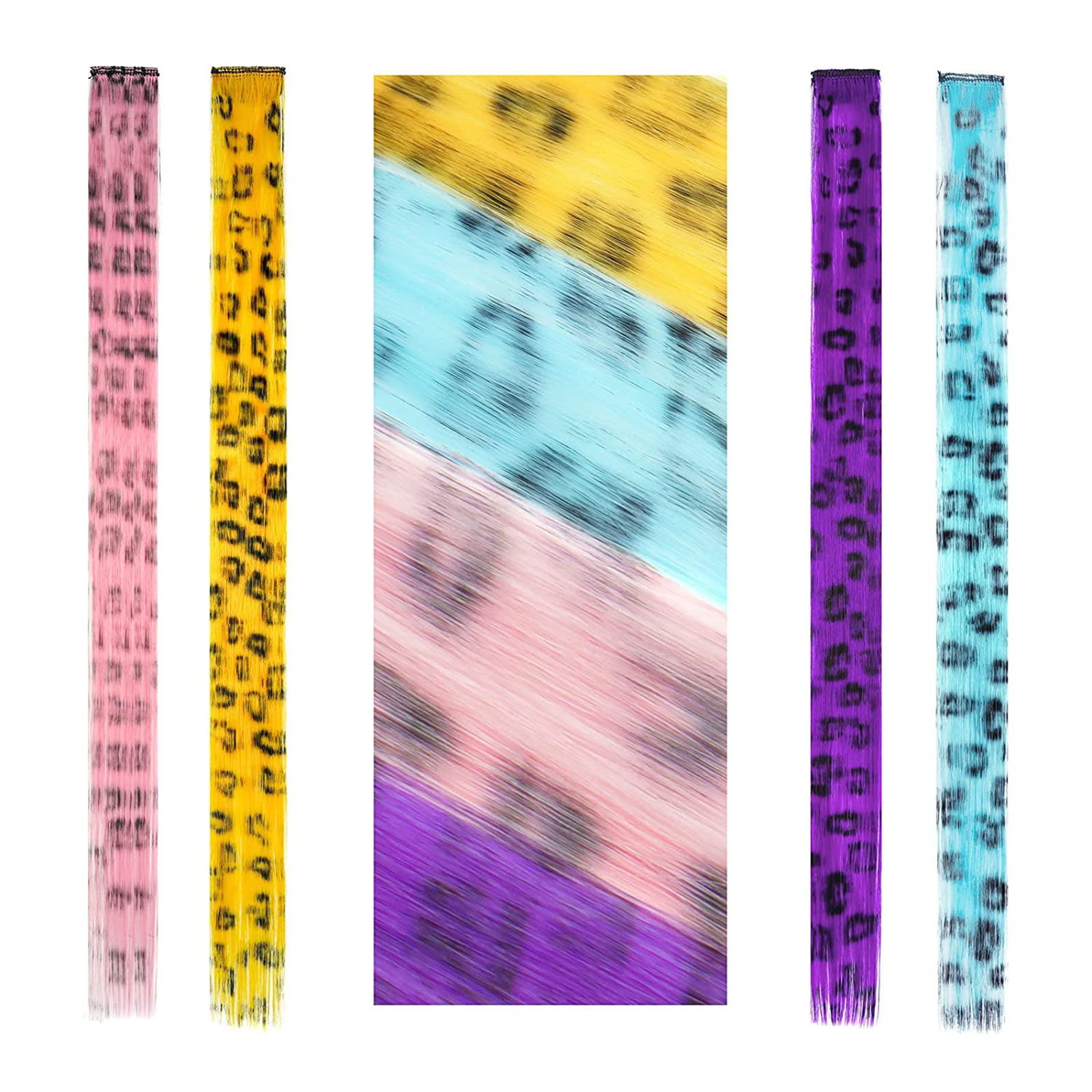 LeeWin Straight Printed Color Clip in Hair Extension,Leopard Print,12pcs/Set Clip on Hair for Kids,Kids Hair Extensions Suit for Woman Girls