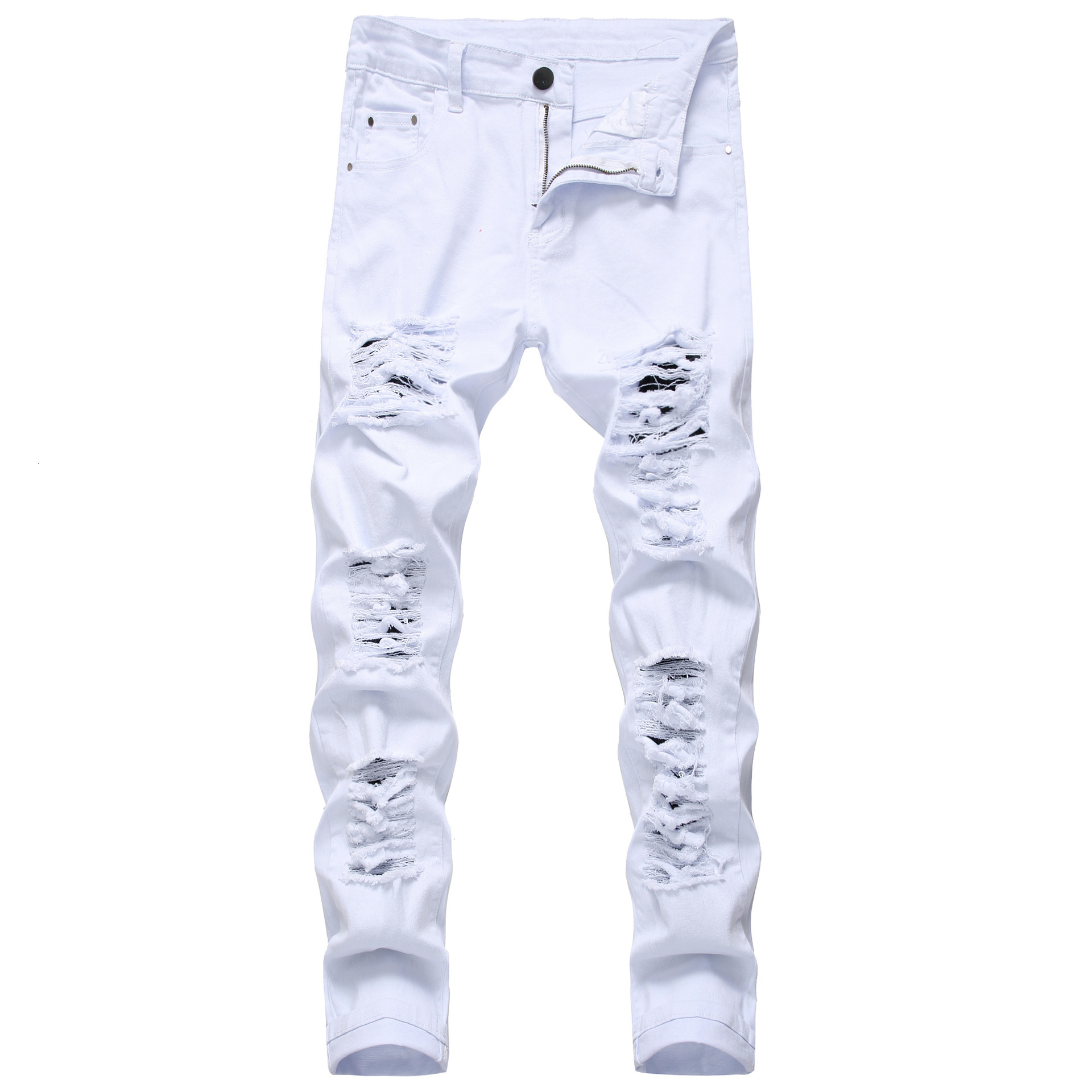 Black men's jeans, designer casual, sporty, breathable, large ripped stretch jeans, slim, porous white pants, beach pants