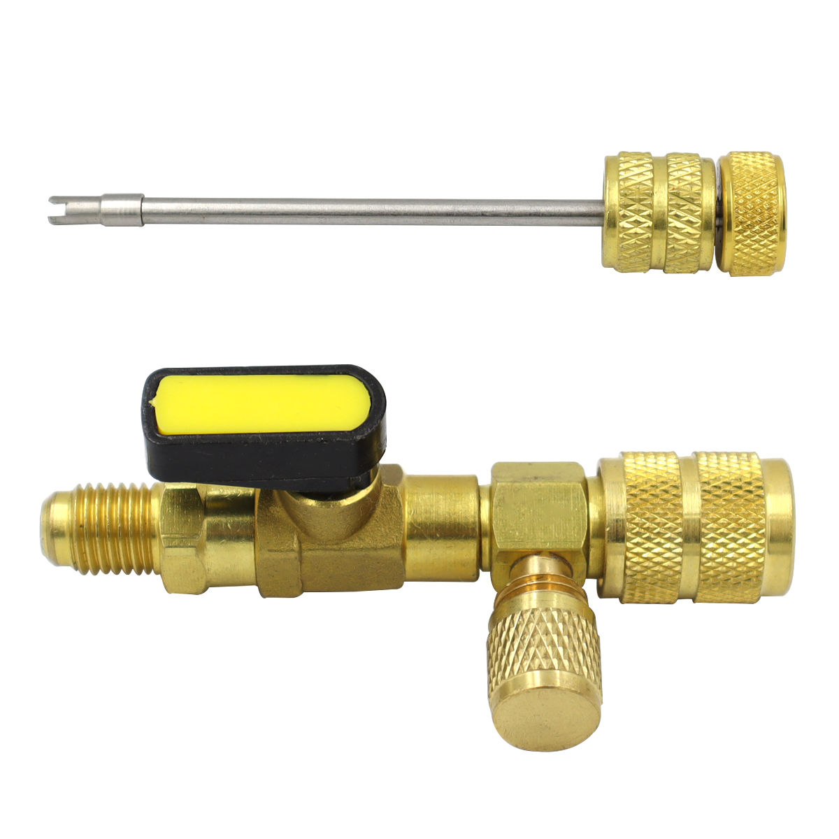 Valve core disassembly and installation tool with dual size SAE 1/4 and 5/16 ports, suitable for R22 R32 R404 R407 R410A
