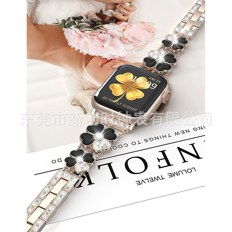 Luxury Premium Moissanite iWatch Series 10 Band Fashion Women's Four-Leaf Clover Rhinestone Bling Designer Strap Elegant Glamorous Metal Wristban
