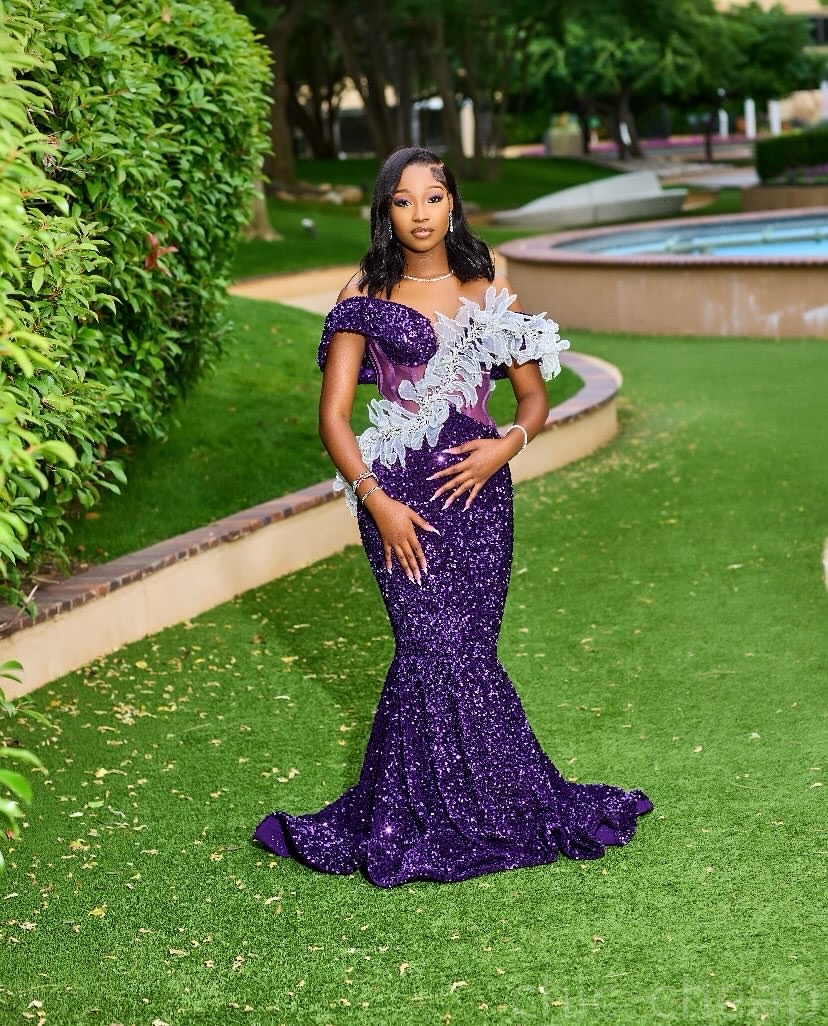 Purple Mermaid Prom Dresses 2025 Sequined Florals Pearls Evening Formal Party Second Birthday Engagement Gowns Plus Size Dress For Special Occasions