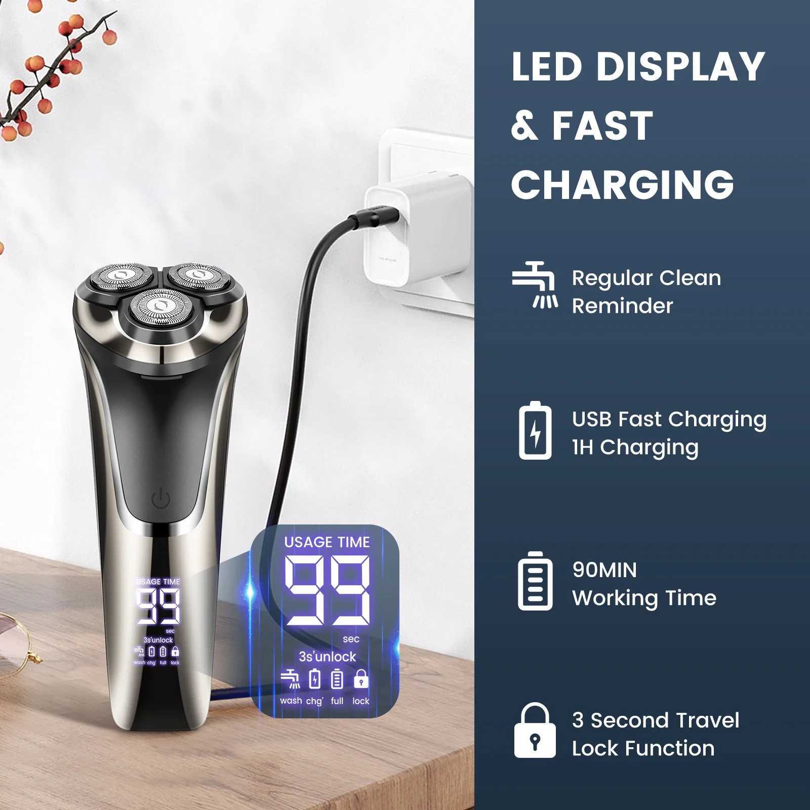 Electric Razor for Men USB Rechargeable IPX7 Waterproof Wet Dry Electric Shaver with Pop-up Sideburn Trimmer Gift for Husband W250625