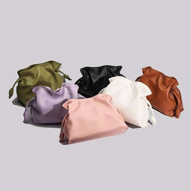 Genuine Leather Dumpling New Drawstring Brand Women Designer Pleated Cowhide Solid Color Shoulder Green Messenger Bag