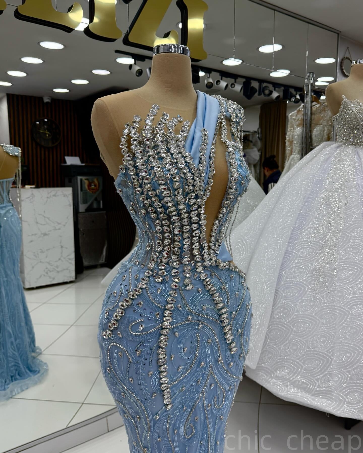 Sky Blue Mermaid Prom Dresses 2025 Rhinestones Sheer Neck Sequined Evening Formal Party Second Birthday Engagement Gowns Plus Size Dress For Special O
