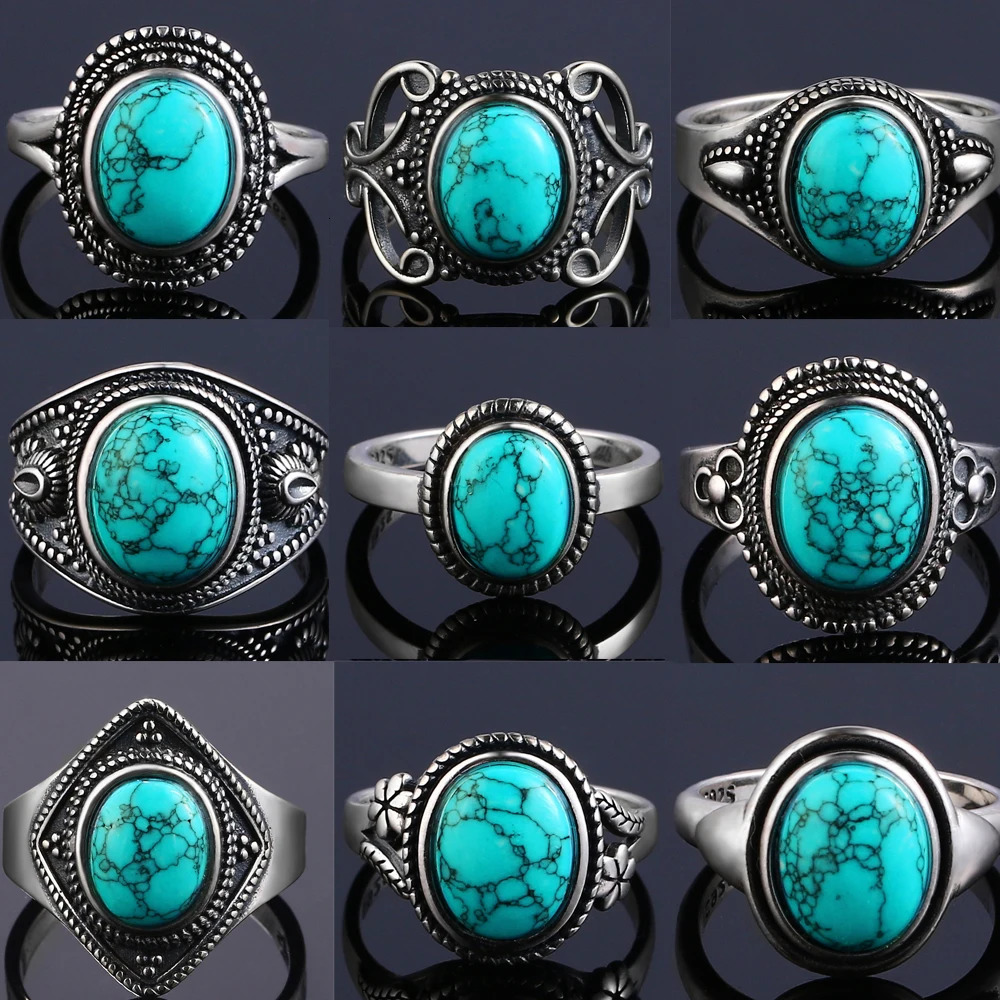 Vintage S925 Silver Ring Natural Turquoise Rings Jewelry Party Anniversary Birthday Gift for Women Man 250624