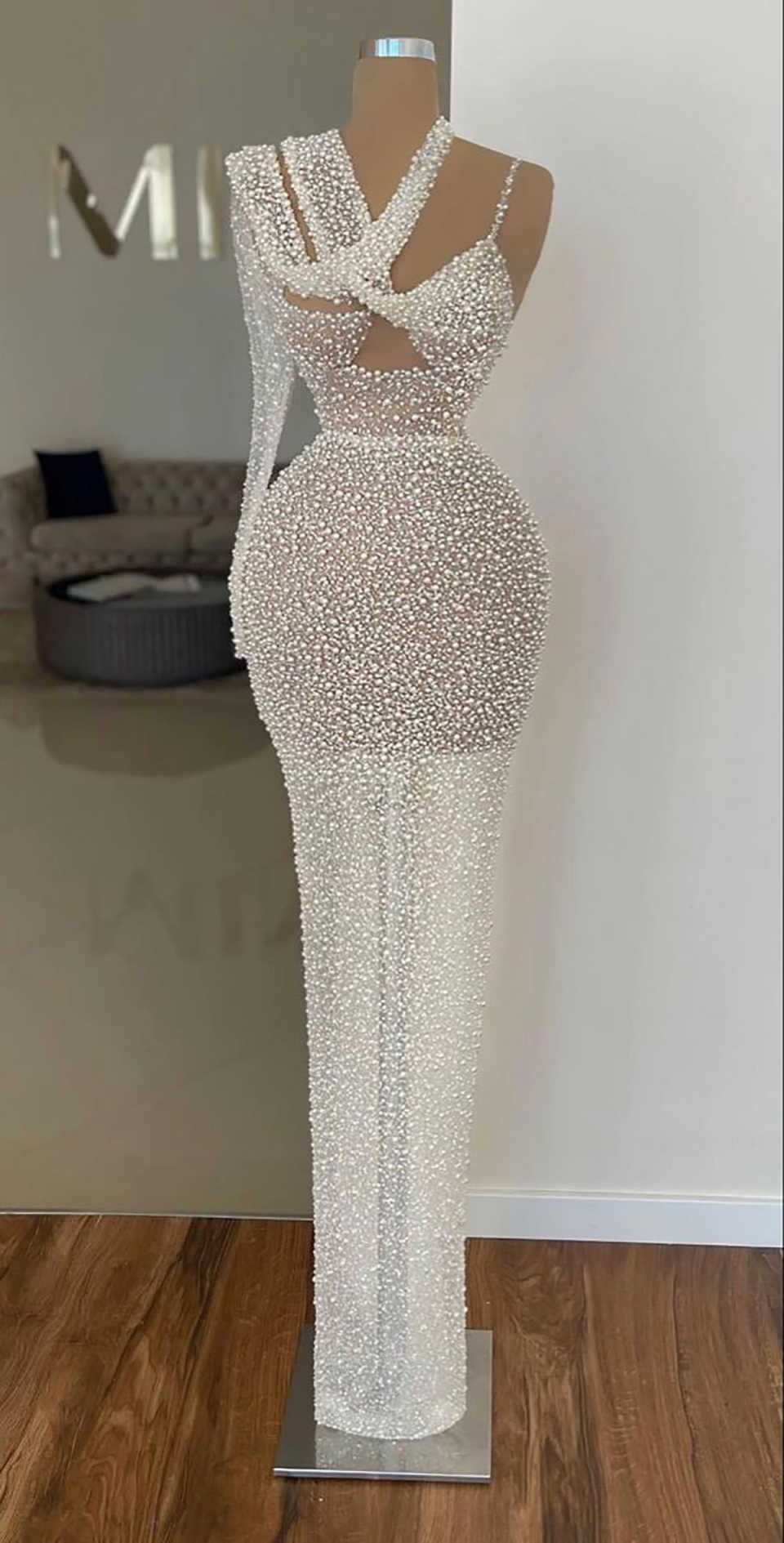 Vintage Mermaid Prom Dresses Pearls Beading One Shoulder Long Sleeve Evening Gowns Rhinestone Birthday Party Customized Special Occasion Dress