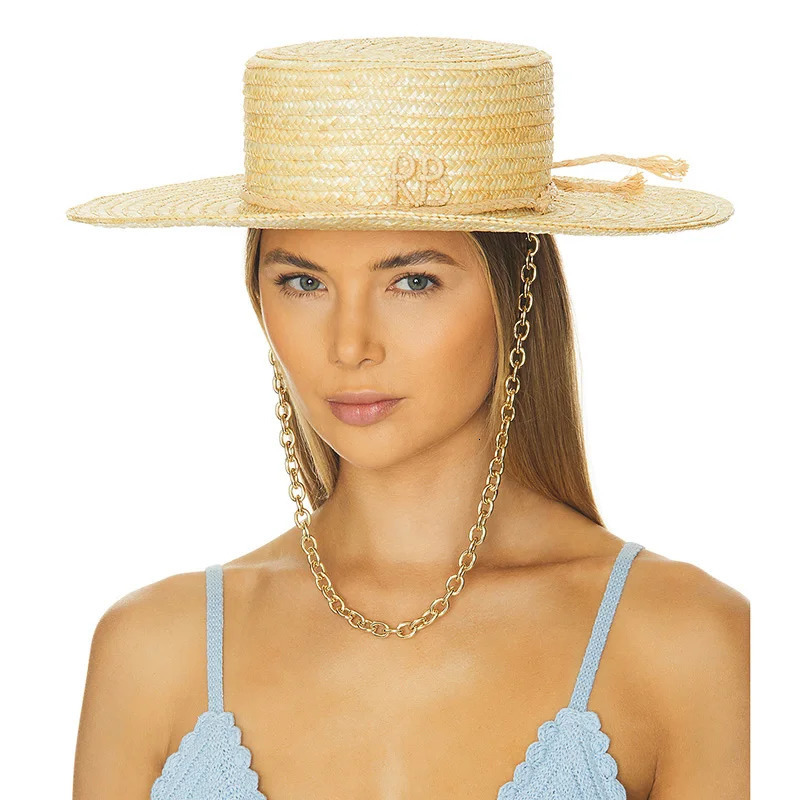 2025 European American Fashion n Natural Straw Hat Female Handmade Letter Sun Hat Metal Chain Sunshade Hat 250624