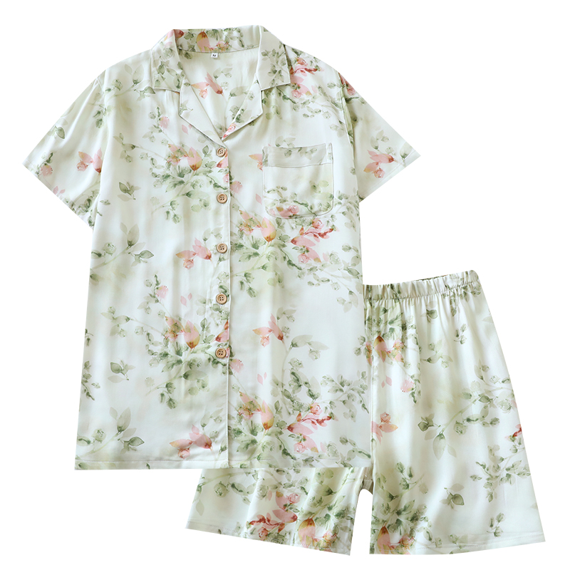 Hot selling soft and high-end touching cotton summer sleepwear, women's floral printed satin short sleeved shorts set, comfortable and casual hom
