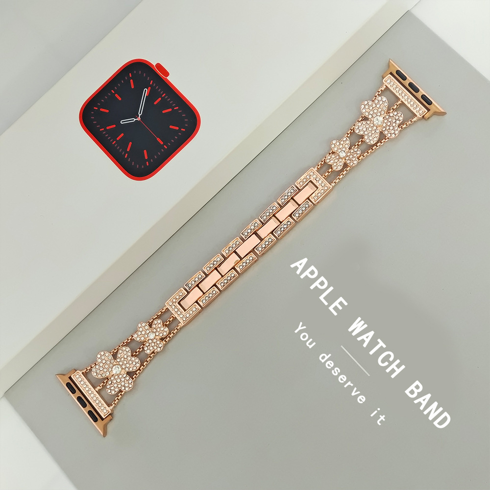 Luxury Fashion Clover Diamond Inlaid Metal Watch Straps for Apple iWatch 9-1 Series