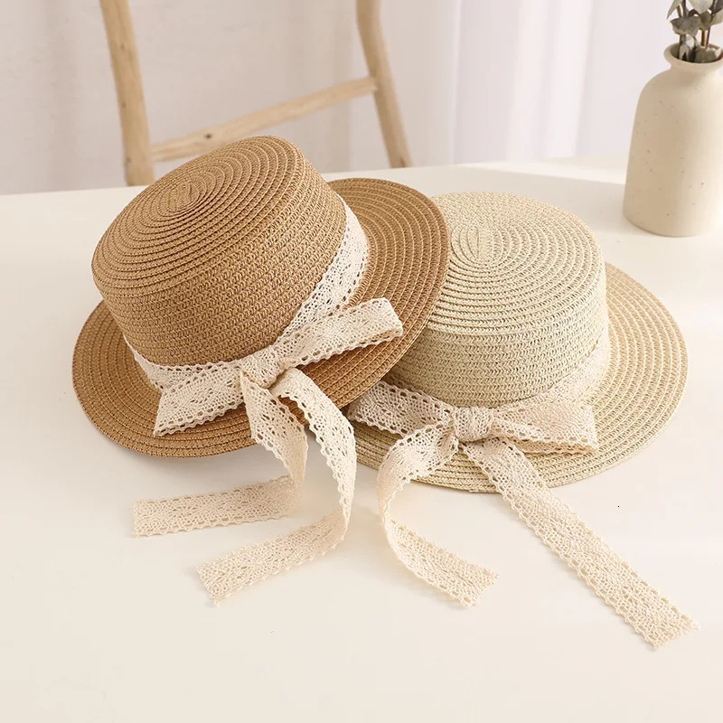 Cute Bow Lace Girls Straw Hat Spring Summer Breathable Sunshade Kids Sun Hat Outdoor Travel UV Protection Children Panama Cap 250624