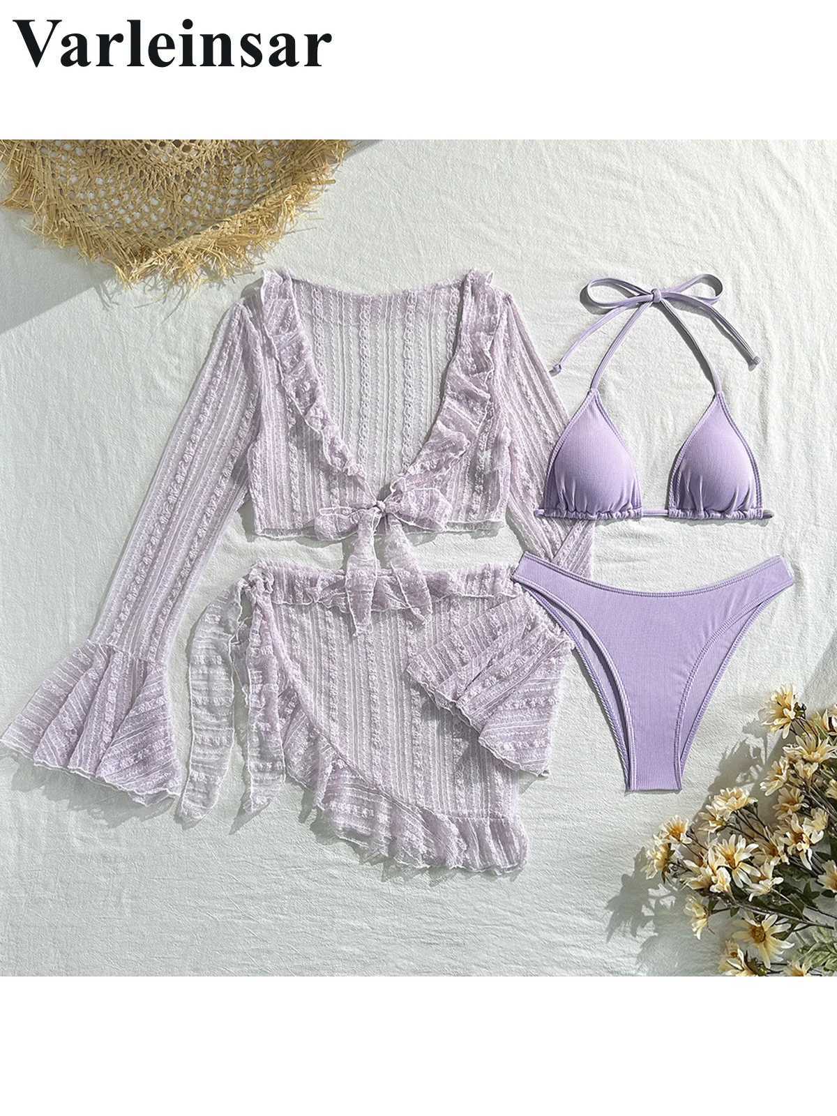 10 Colors With Sarong Long Sleeve Bikini Women Swimwear Female Swimsuit Four-pieces Bikini set Bather Bathing Suit Swim V6338E XJ250624