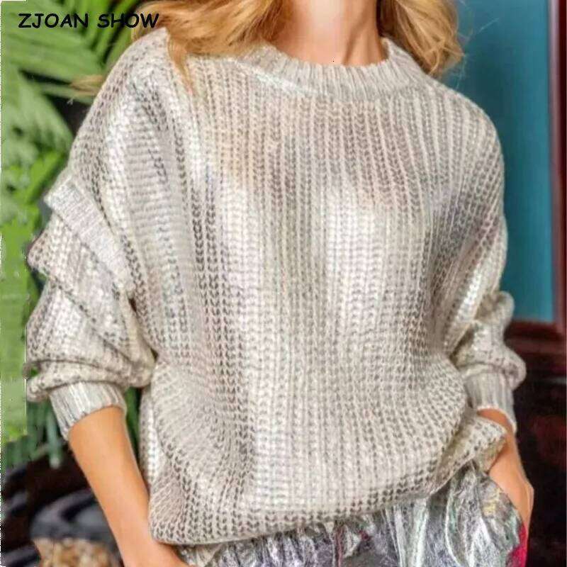 2024 Spring Women Retro Bronzing Sier Sweater Drop Shoulder Long Sleeve Rib Knitted Pullover Knitwear Jumper
