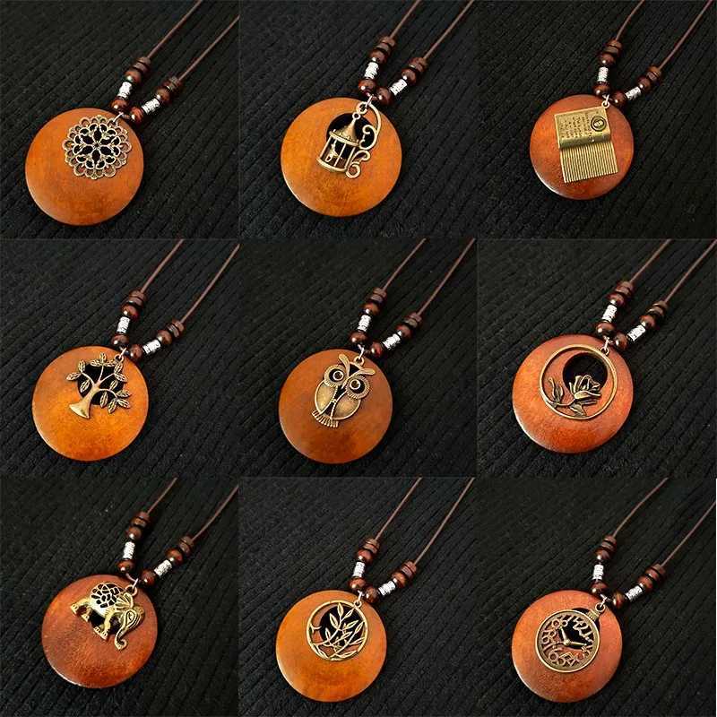 Vintage Wooden Owl Pendant Necklace Boho Ethnic Style Metal Hollow Leaves Necklaces Long Wax Rope Chain for Women Gifts V250625