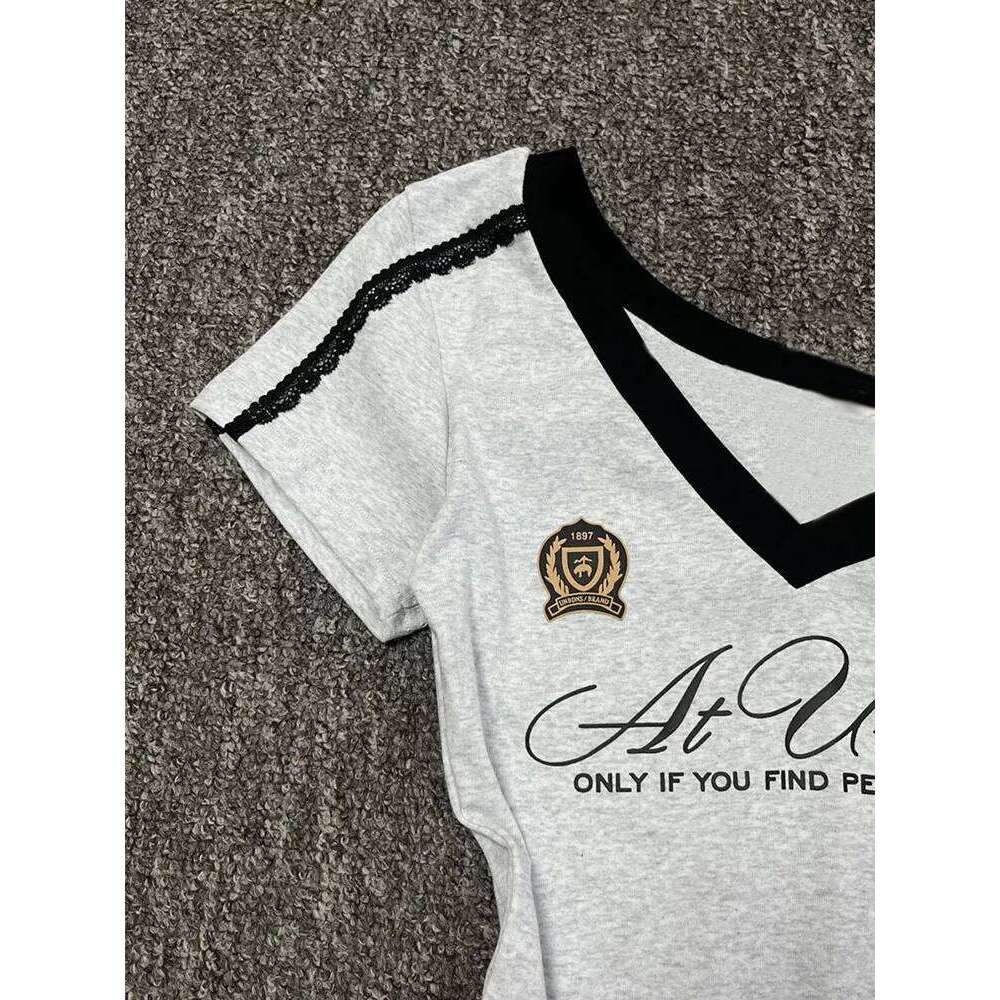 White-Gray Lace Sport Sexy Summer Off shoulder Top Women Y2k V neck Short sleeve T shirt Fashion Korean Lady Basic Tees 2025 New