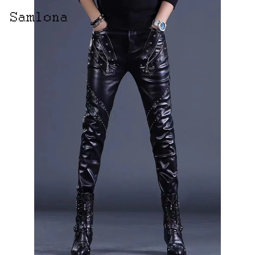 Sexy Zipper Pu Leather Pants Men Streetwear 2025 European Style Fashion Rivets Party Trouser Black Faux pants 250614