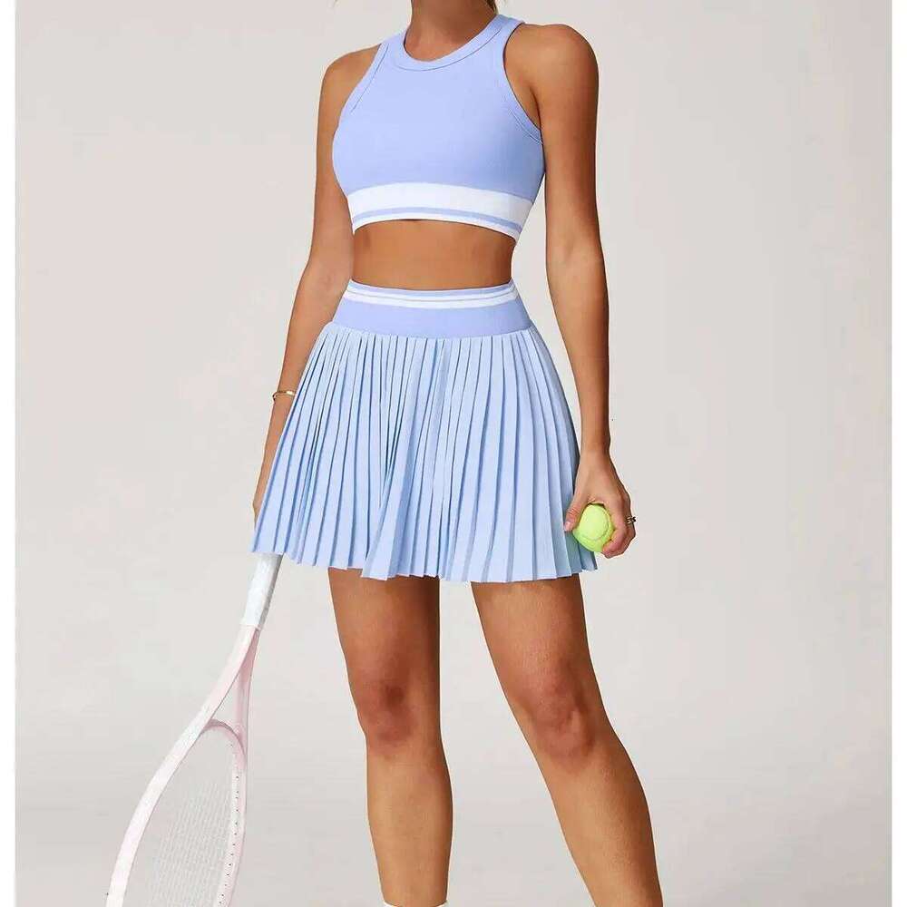 2PCS Women Yoga Set Solid Color Gym Bra Pockets High Waisted Tennis Skirt Sports Suit Breathable Quick Dry Short Sportswe