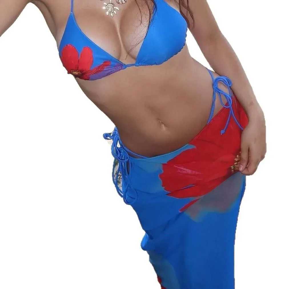 Sexy Print Long Dress Bikini Swimsuit Womens Two-Piece Suit Three-Piece Set Cross-Border 2025 New Arrival AE Stock Origin China XJ250624