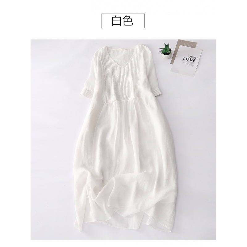 Casual Dresses Plus Size Cotton Linen For Women Spring Summer 3/4 Sleeve White Loose T Shirt Pullover Long