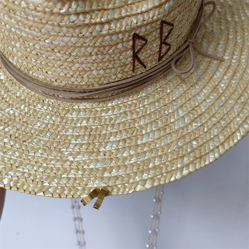 White straw hat pearl chain DIY flat top sun hat Korean elastic ribbon hat beach hat candy color sun hat 250624