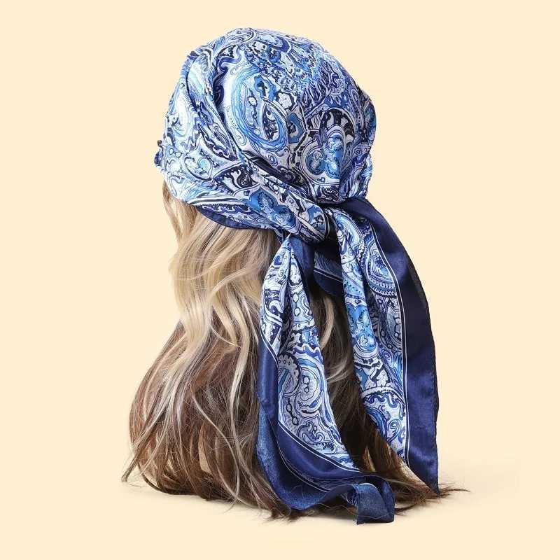 90cm Blue Cashew Print Headscarf for Women Spring and Summer New Style Emulated Silk Cashew Scarf Satin Color Shawl Scarf W250624