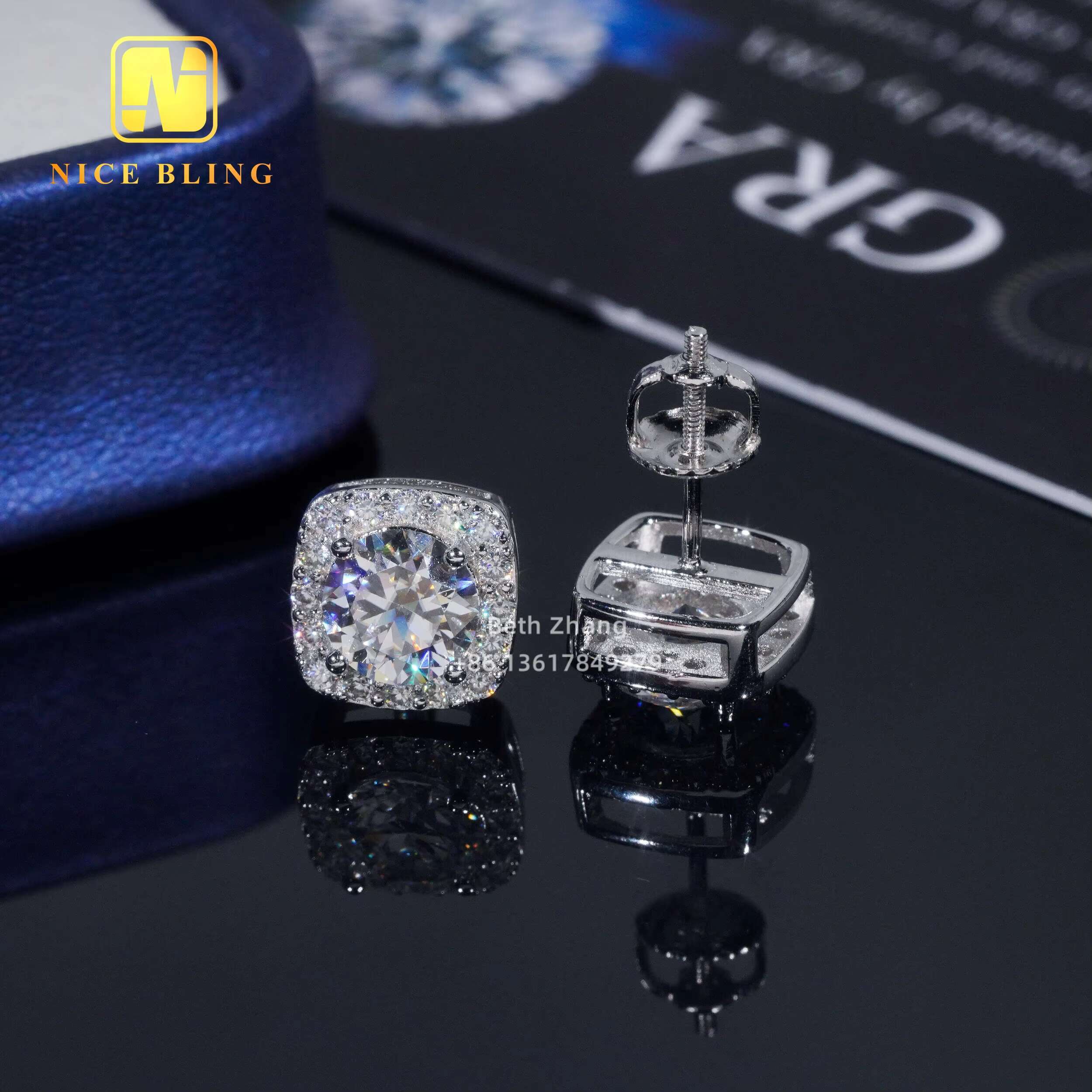 Square Shape Earrings 925 Silver Fashion Hip Hop Jewelry VVS Moissanite Halo Earrings Screw Back Diamond Studs for Men Women