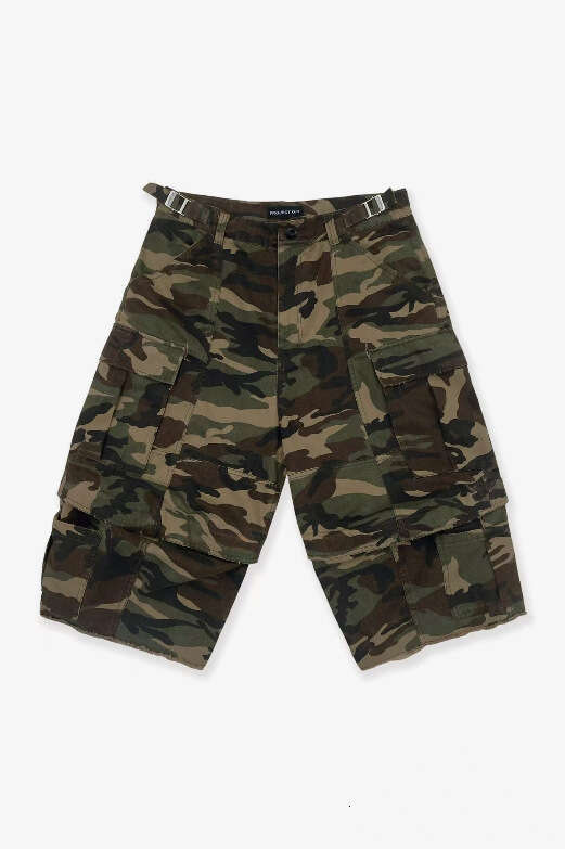 New European Streetwear Loose Fit Deconstructed Zipper Patchwork Cargo Men's Camouflage Shorts