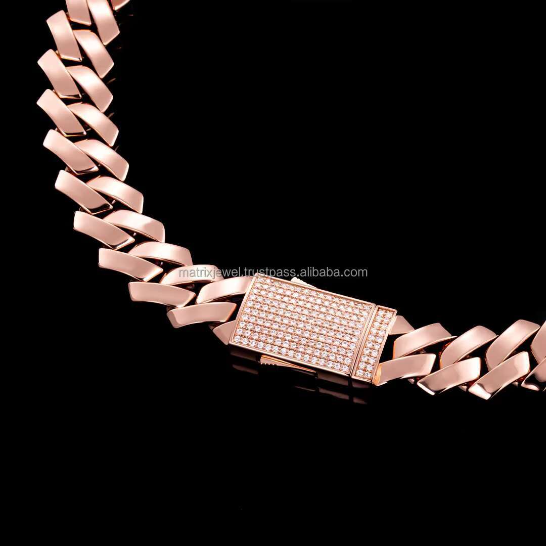 Exclusive Hip Hop Trendy Rose Gold 20mm square Shape Cuban Chain with Customized Clasp with Premium Moissanite Diamond Setting