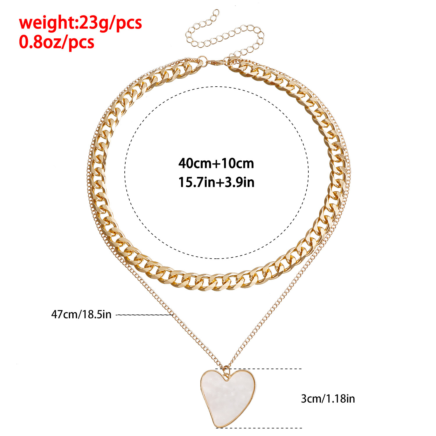 Jewelry Double Layer Geometric Heart White Mother-of-Pearl Pendant for Women Metal Thick Aluminum Chain Necklace Jewelry for Women