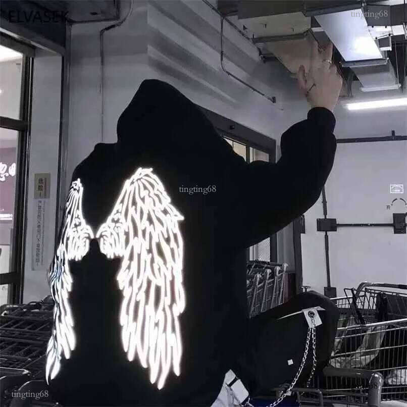 long sleeve reflective shirt Harajuku japan oversize black angel wing shiny cloth with a hood hoodies 210813