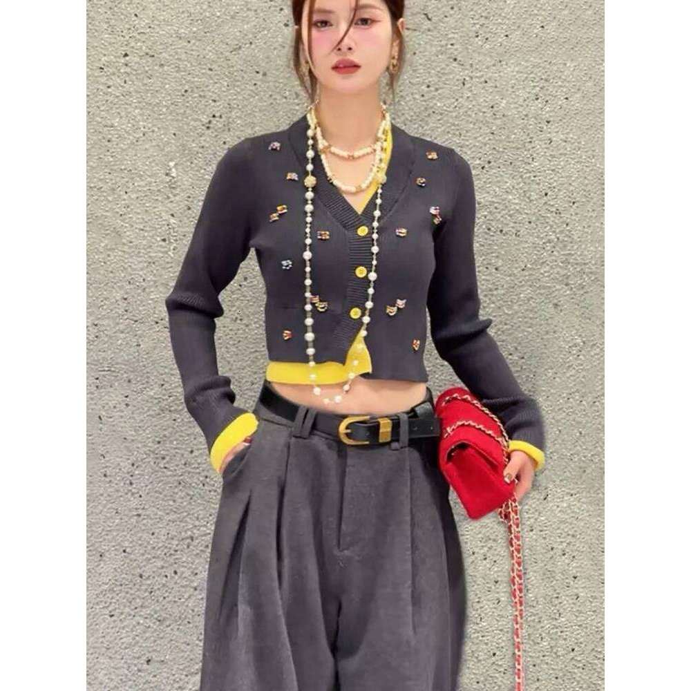 Autumn Winter Beading Cardigan Sweaters For Women V Neck Knitting Tops Loose Sleeve Knitwears Jersey Mujer Yellow 2025 New C-028