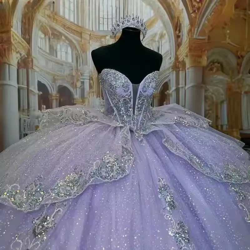 Lavender Shiny Princess Ball Gown Quinceanera Dresses Vestidos De 15 Anos XV Glittering Sweet 16 Dress Birthday Party