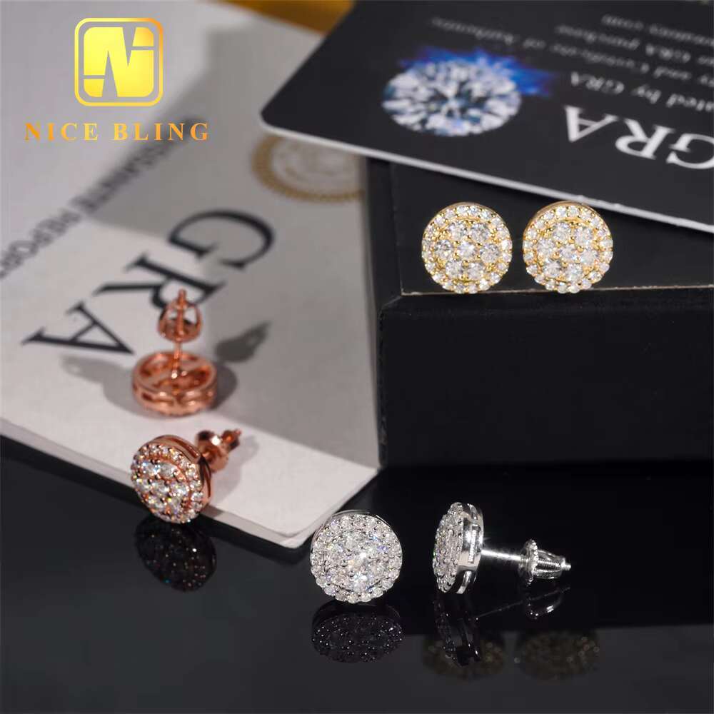 GRA Certificate Round Diamond Hip Hop Jewelry Iced Out Ear Studs 925 Sterling Silver Moissanite Stud Earring for Women