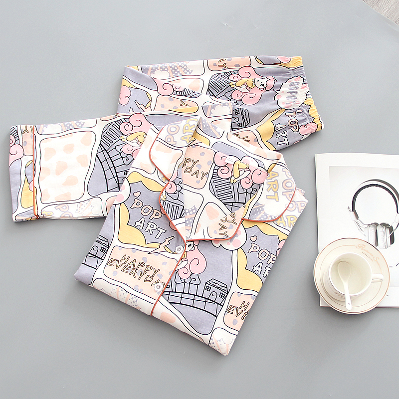 Spring and Autumn Long sleeved Pajamas, Women's Knitted Cotton Cartoon Thin, Loose and Casual Two piece Set, Cardigan, Women's Home Clothing