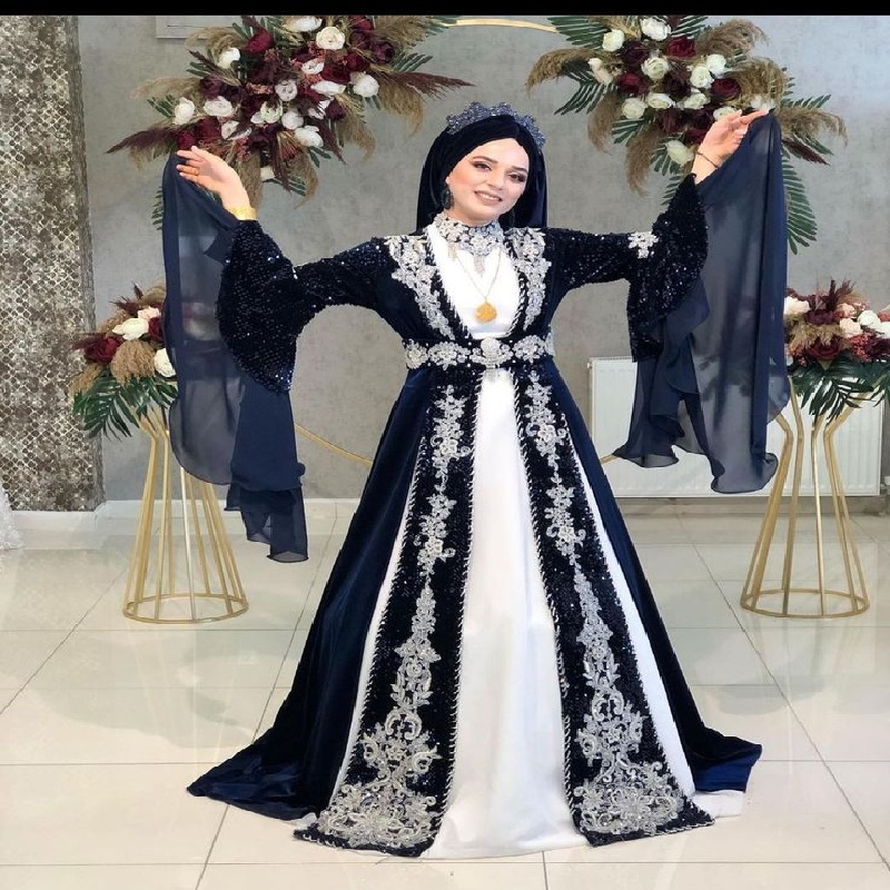 Luxury Saudi Abaya Moroccan Evening Dress Navy Flare Long Sleeve Lace Muslim Islamic Prom Dress 2025 Ottoman Turkish Abaya Formal Robe De Mariage