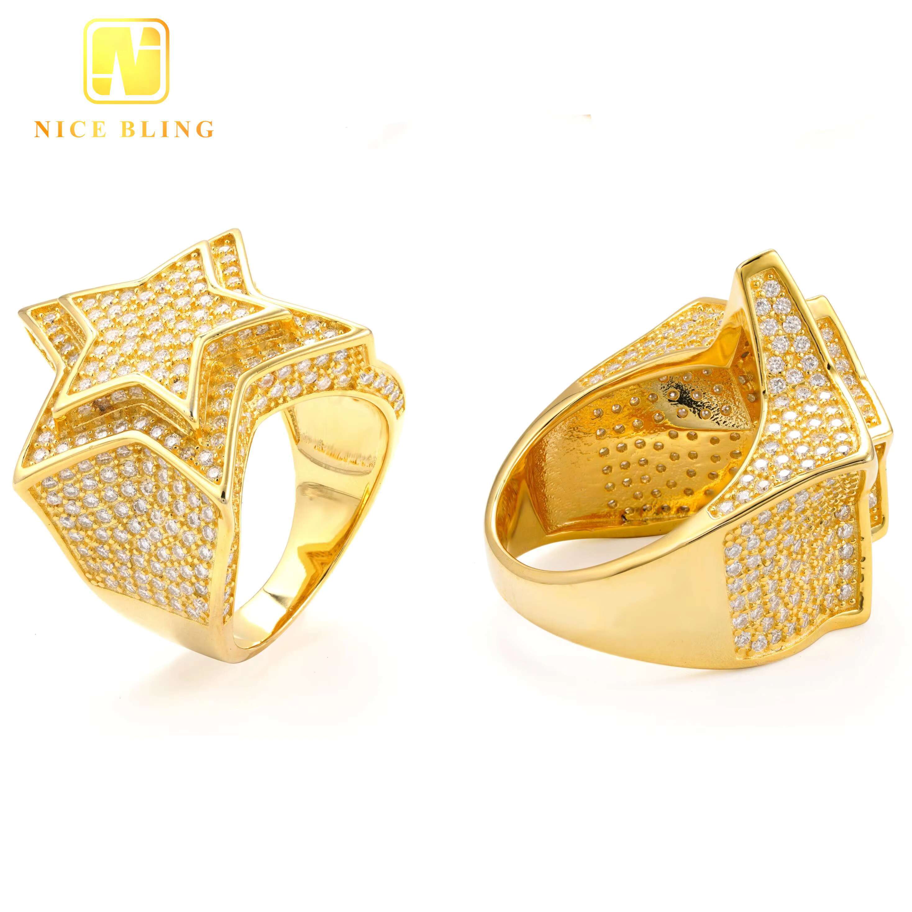 Popular Custom Star Shape Hip Hop Style Jewelry Men Ring Iced Out VVS Moissanite Diamond 925 Sterling Silver Men Women Rings