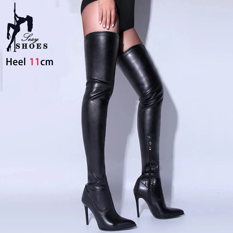 Womens Boots High Heel 11cm Matte Black Over Knee Boots Large Size 34-44 Side Zipper Fashion Personality Striper Long Boots 250623