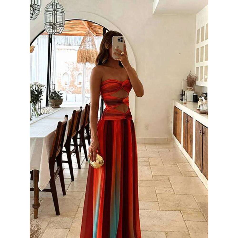 Sexy Hollow Out Maxi Vestido Women Chic Sleeveless Off Shoulder Backless High Waist Slim Dress Summer Beach Party Lady Wear 2025