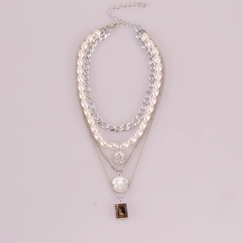 Chic Retro Necklace Combining Multiple Layers of Coins and Stones Plus a Classic Portraiture