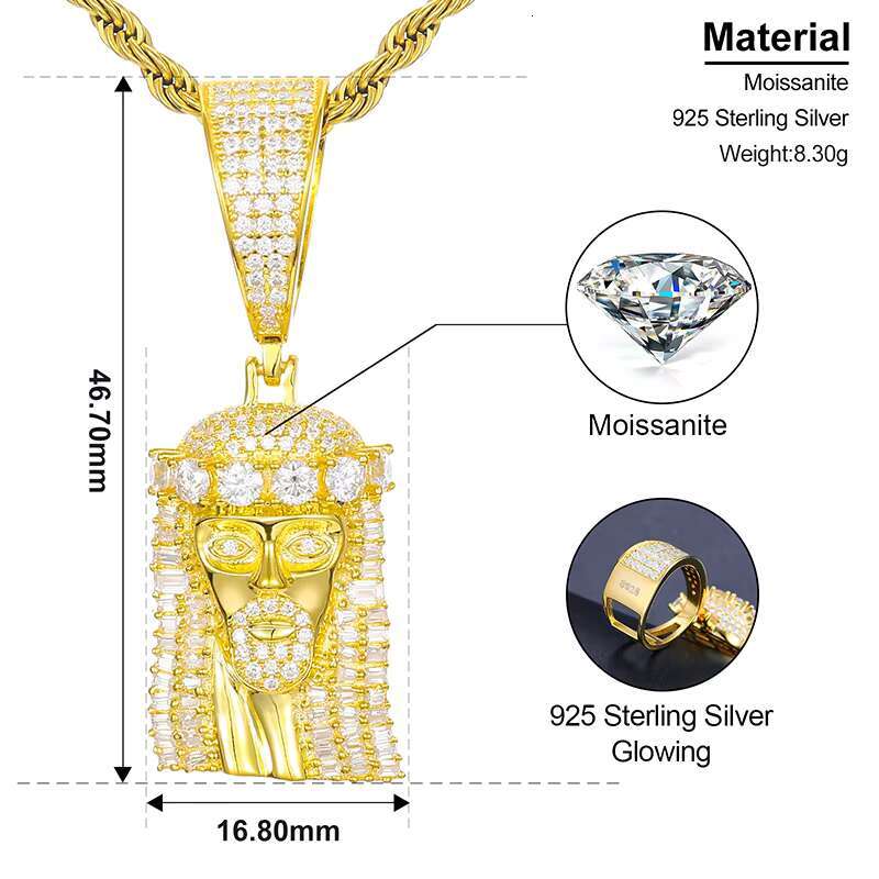 Dropshipping Luxury 925 Sterling Silver VVS Moissanite Diamond Iced Out Jesus Head Pendant Necklace for Men Women