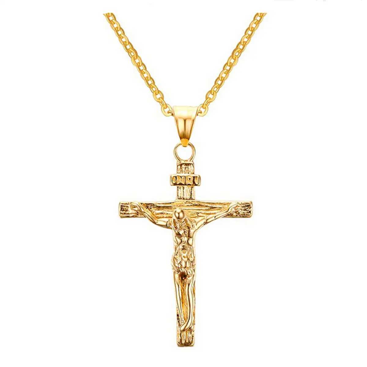 Fashion Crucifix Jesus Christ Men Jewelry Gold Brown Silver Color Metal Cross Pendant With Neck Chain Necklaces For Women V250625